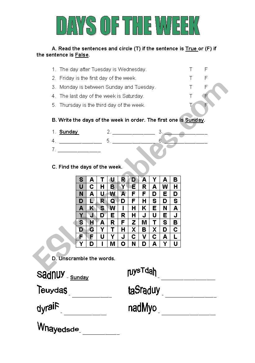 Days of the week worksheet