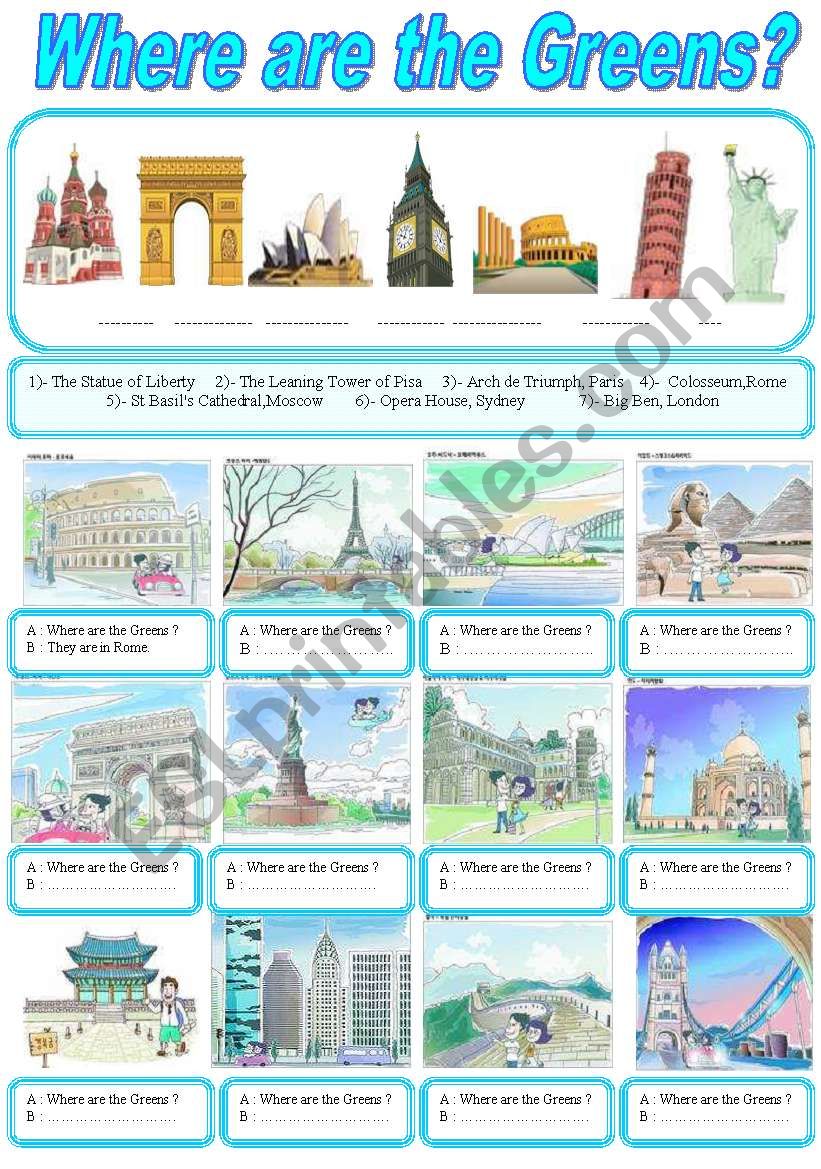 Around the world : Wher are the Greens? - ESL worksheet by sruggy