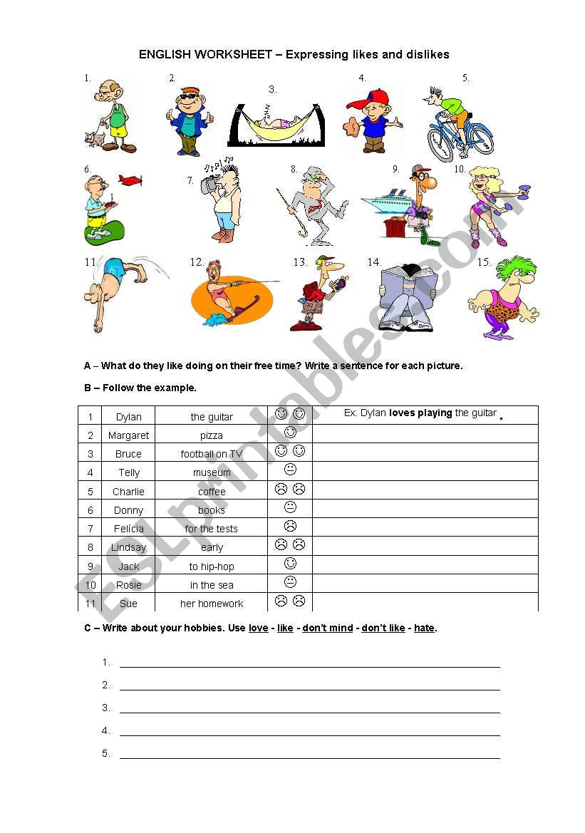 Expressing likes and dislikes worksheet