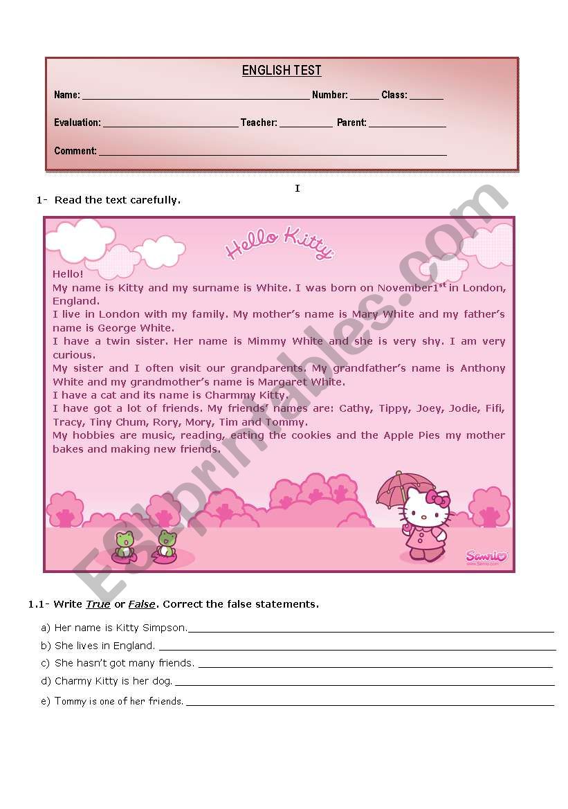 Test - Hello Kittys Family worksheet