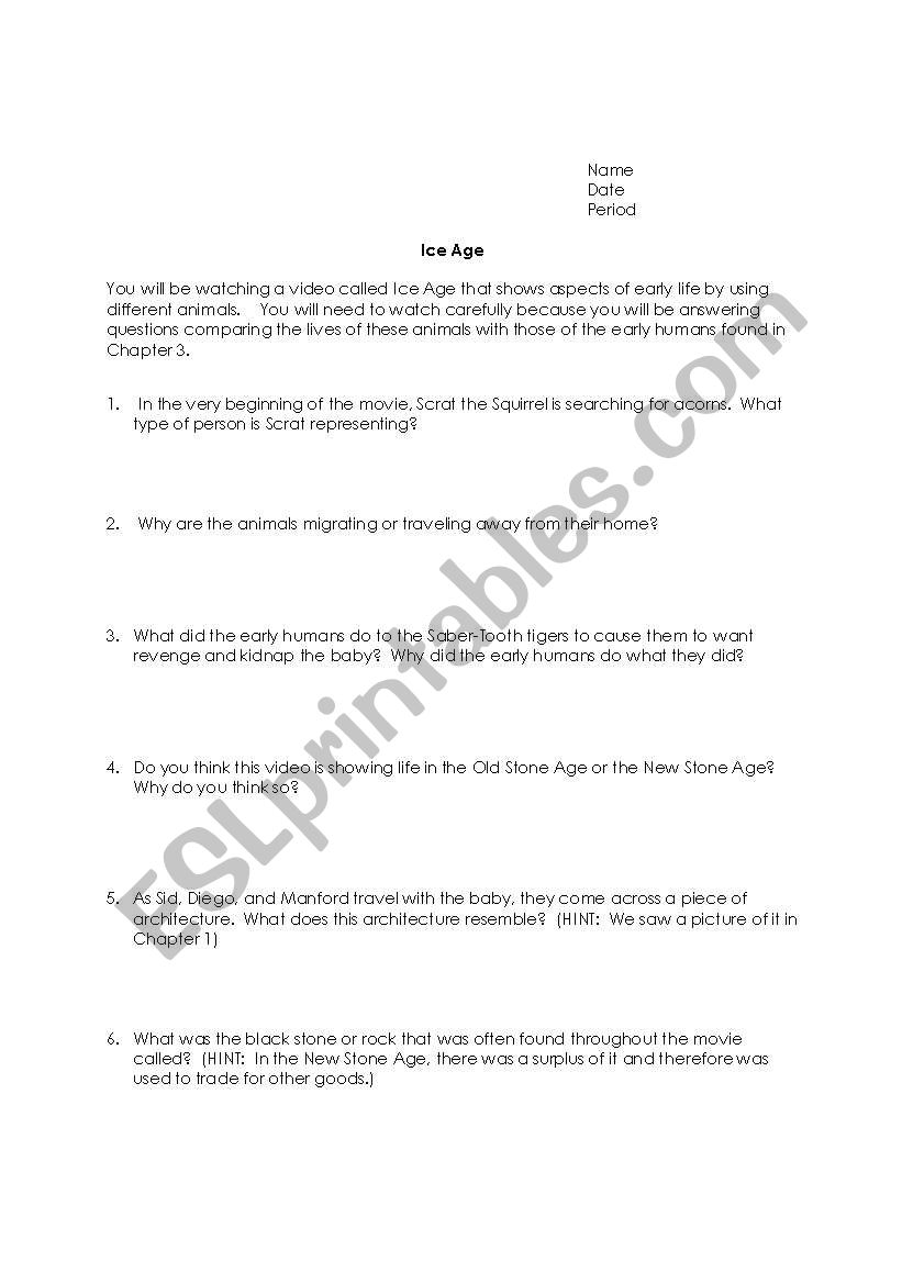 Ice Age Movie Question  worksheet