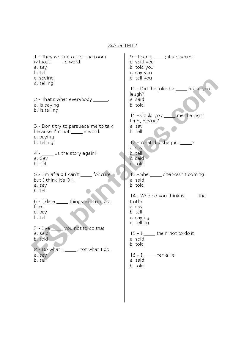 Say or Tell worksheet