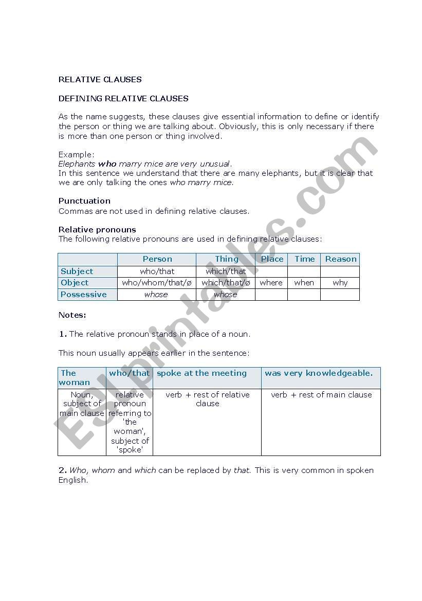 DEFINING RELATIVE CLAUSES  worksheet