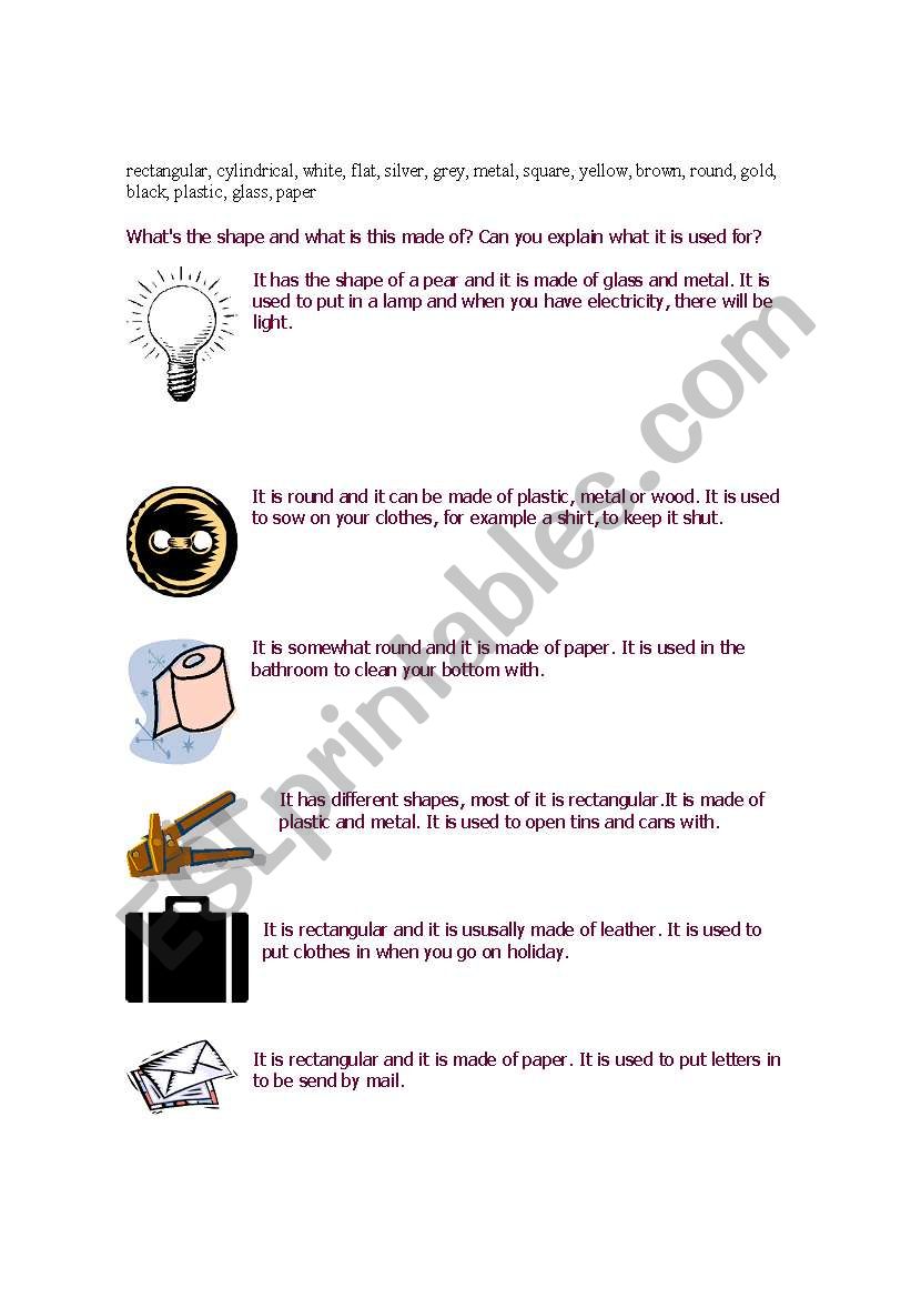 Describing objects worksheet