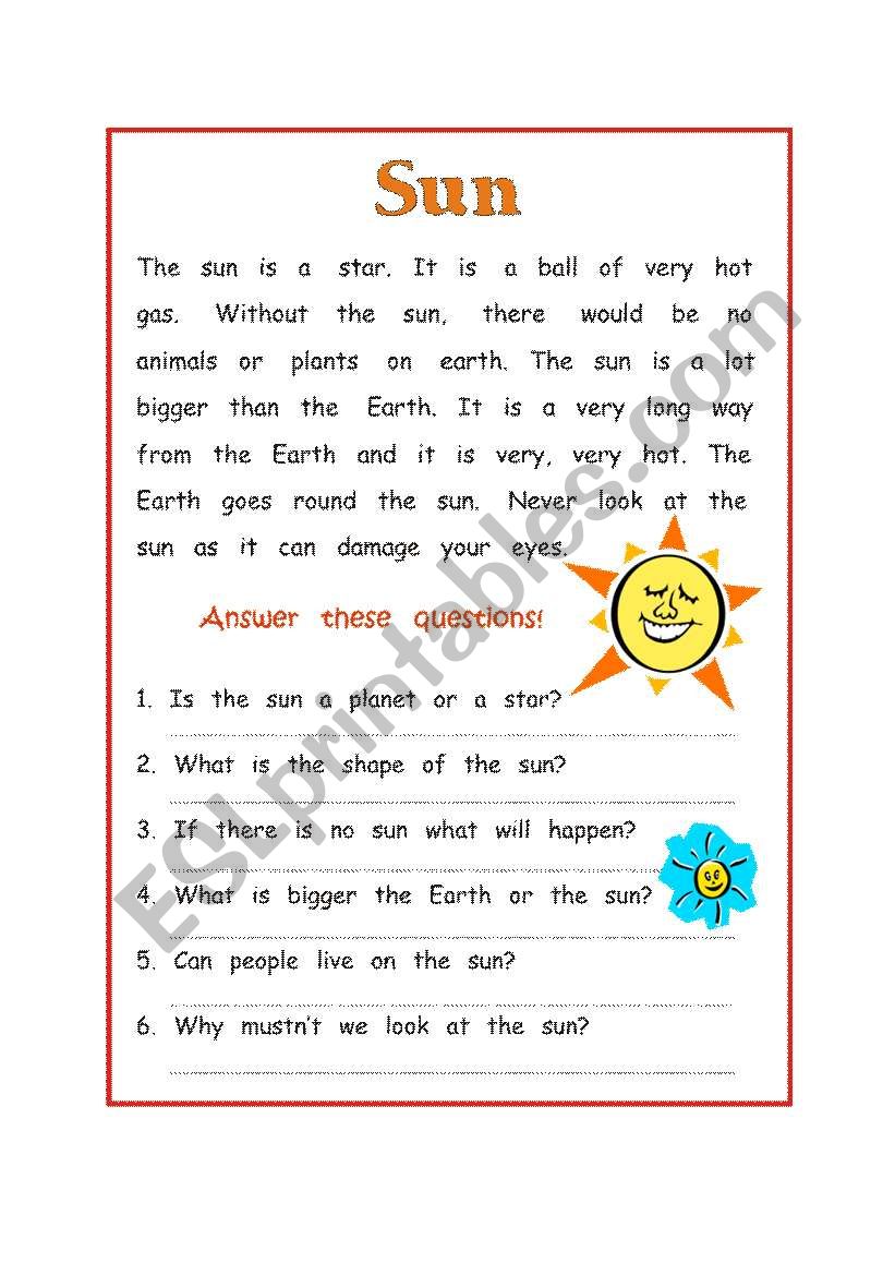 Reading Comprehension Sun worksheet
