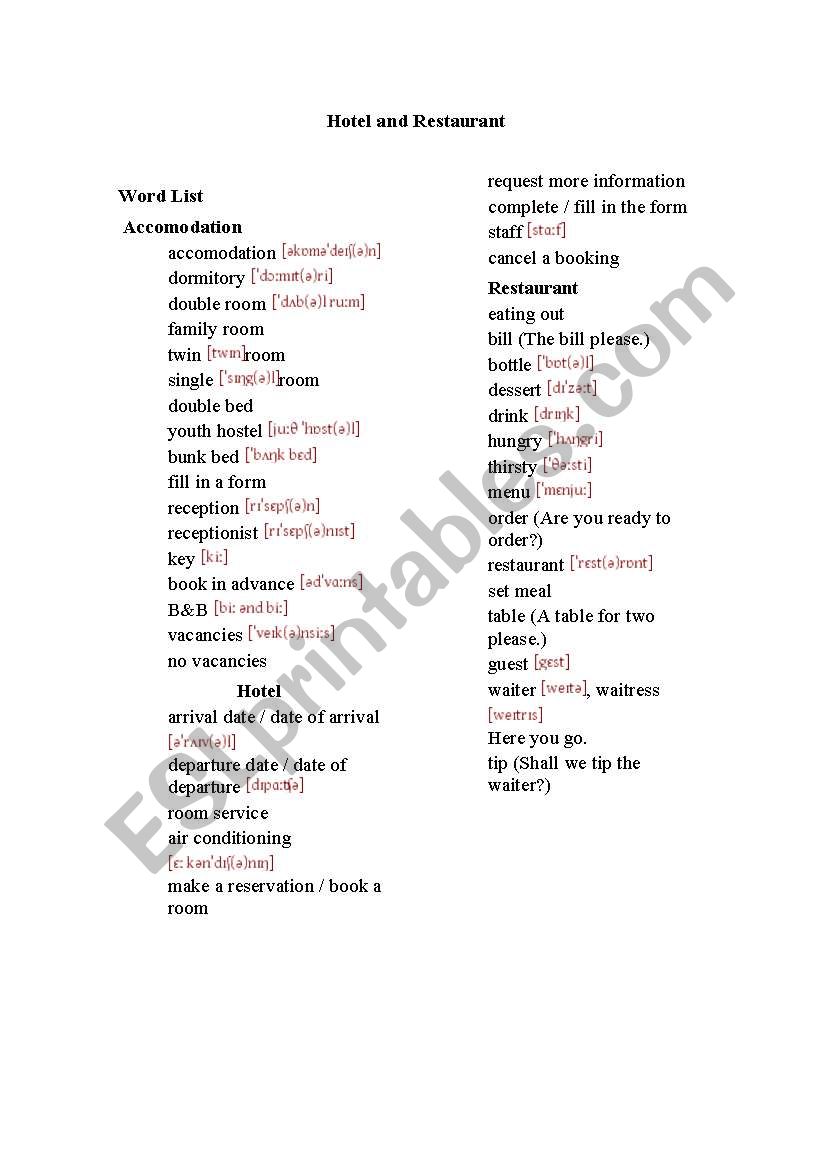 HOTEL AND RESTAURANT worksheet