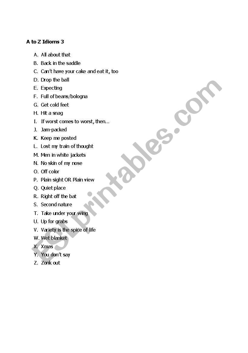 A to Z idioms worksheet