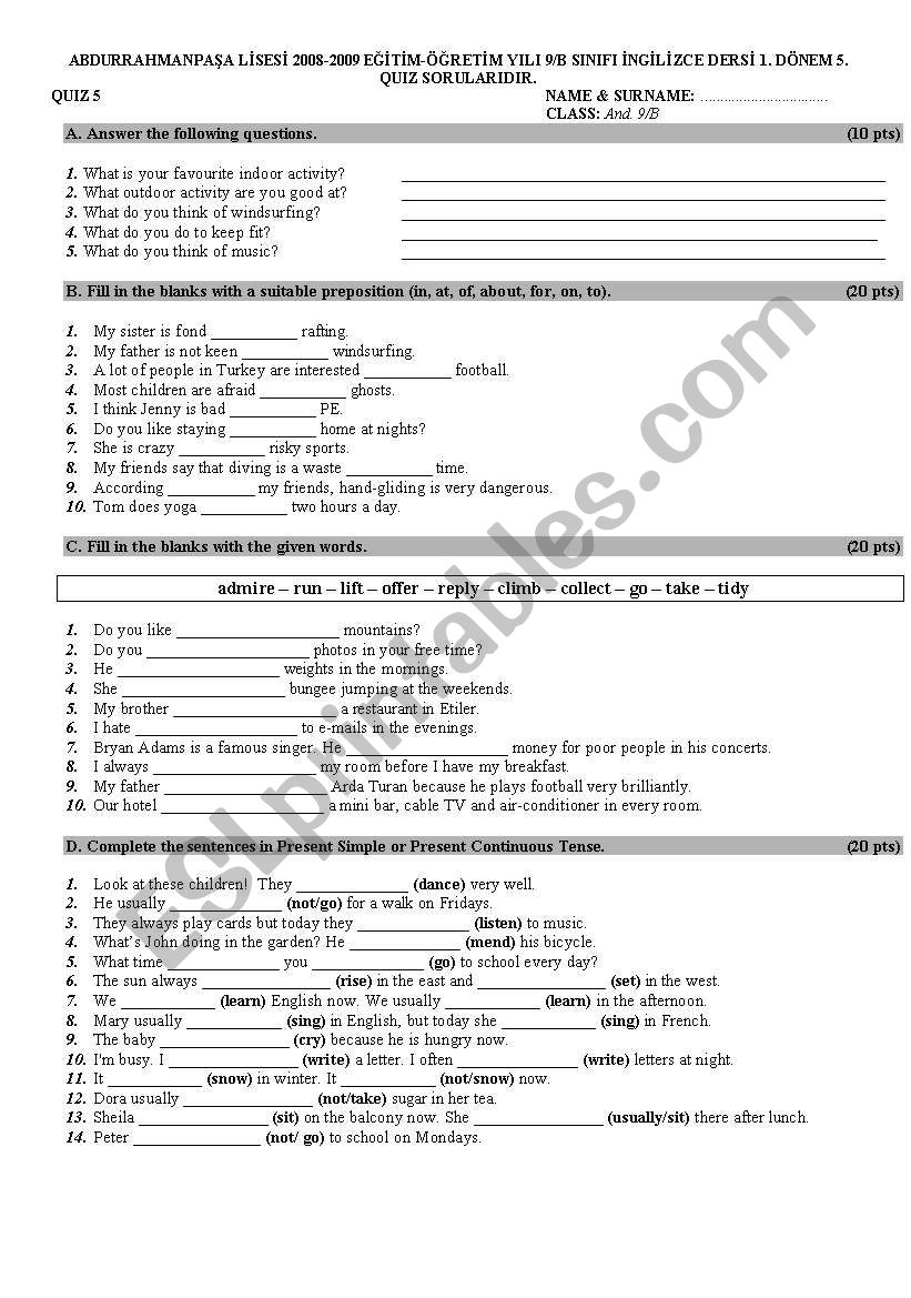 quiz practising present simple, present continuous, prepositions