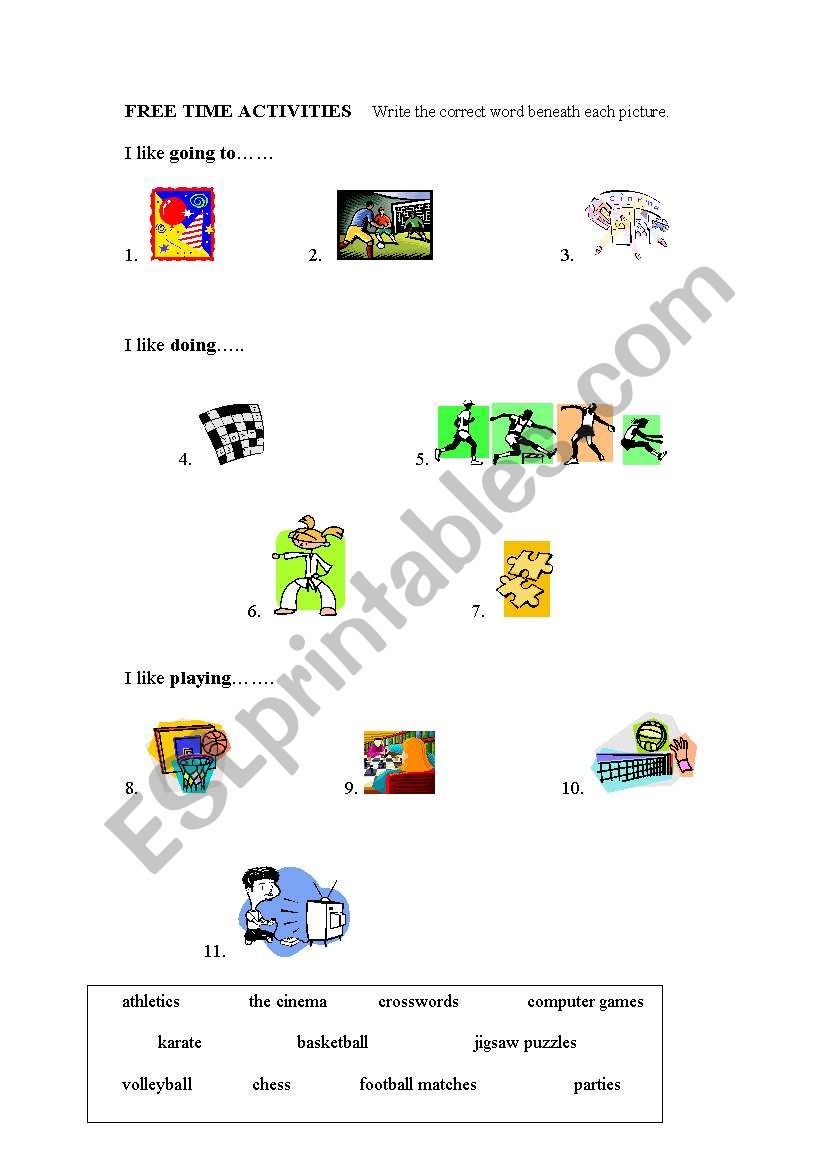 free time activities with pictures and using I like playing, I like doing, I like going