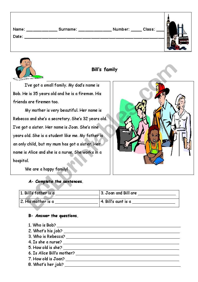 Family and jobs worksheet