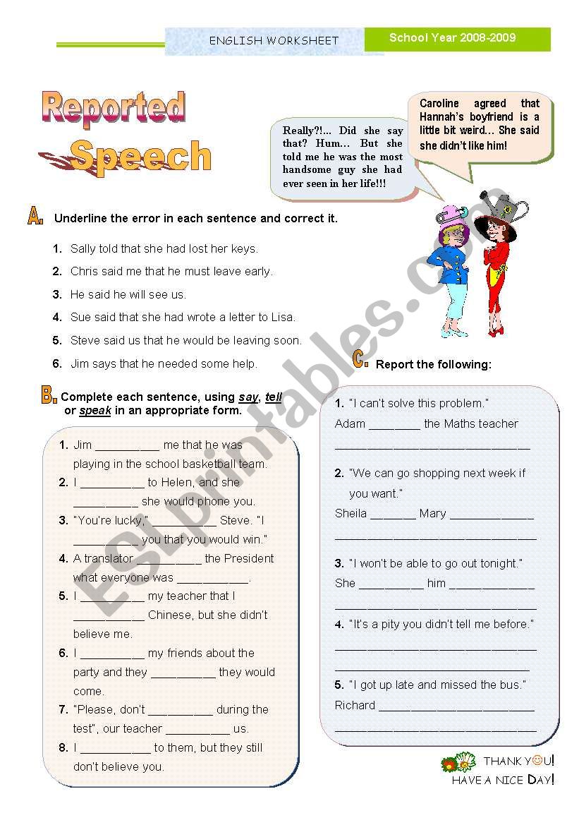 Reported Speech - Statements worksheet