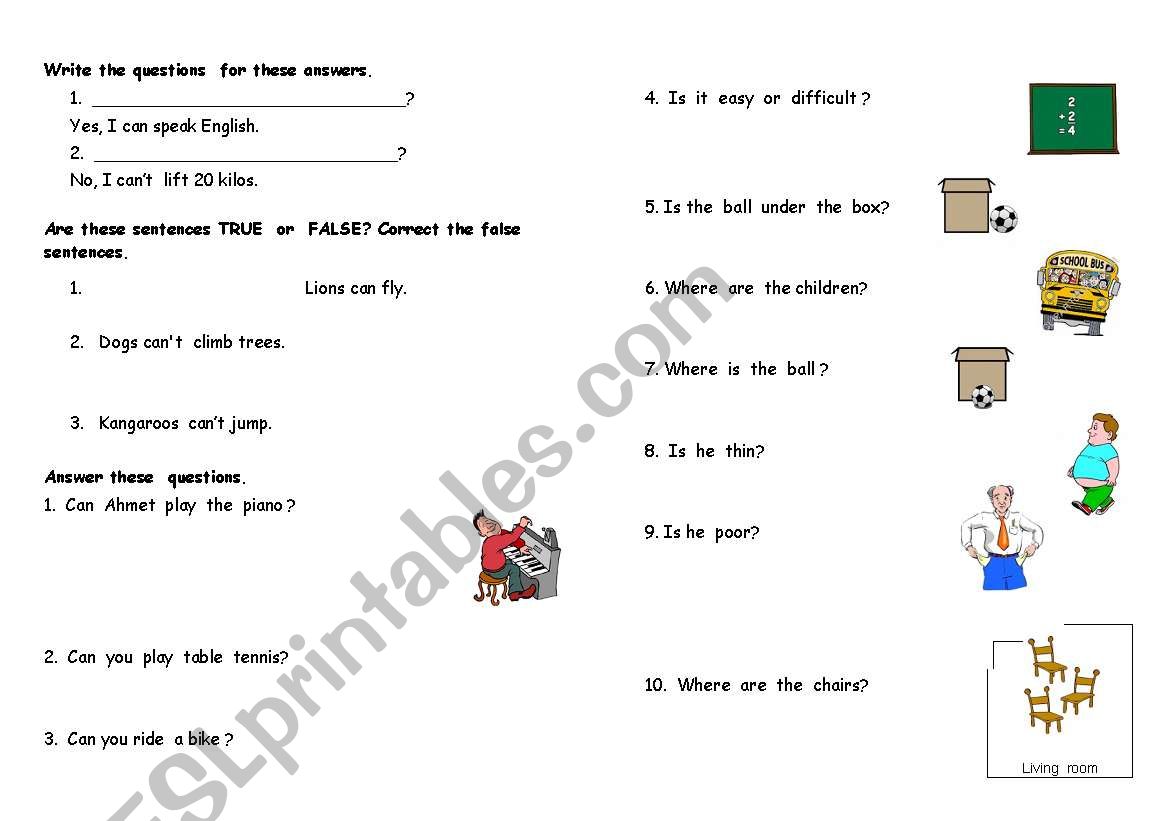 some exercises dealing with can-cant/prepositions/adjectives