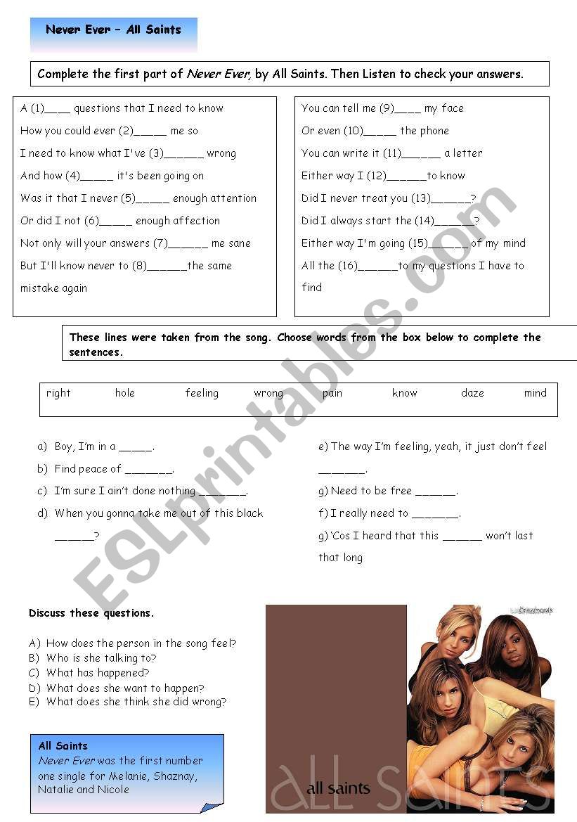 All Saints - Never Ever worksheet