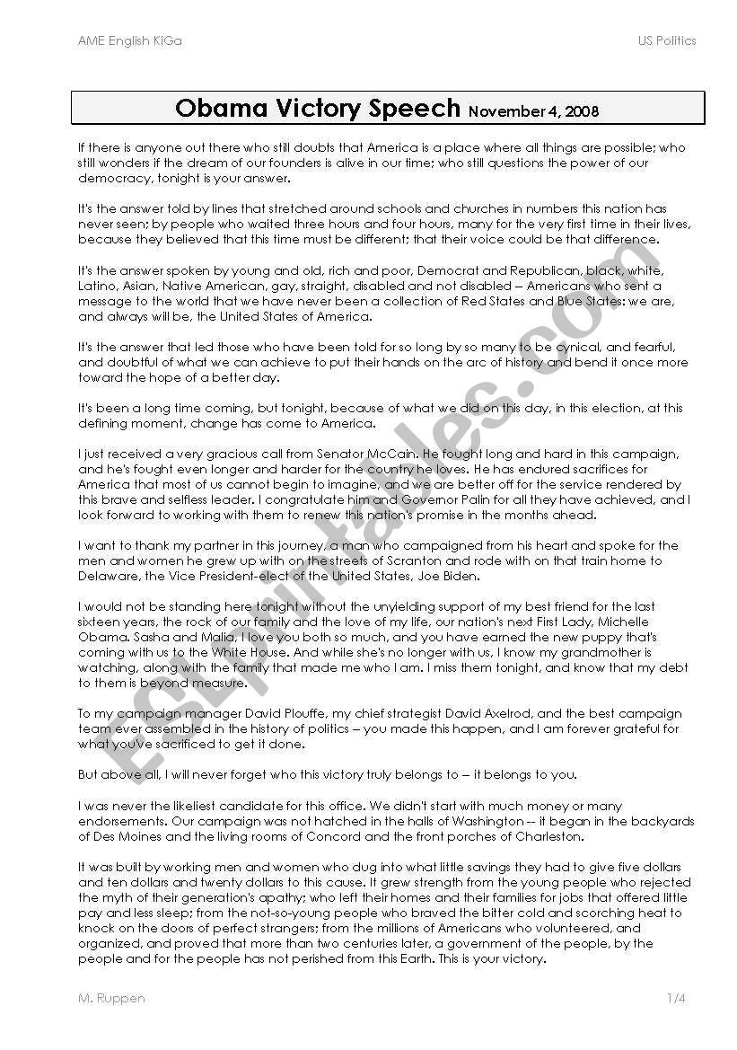 Obama Victory Speech Task 1/3 worksheet