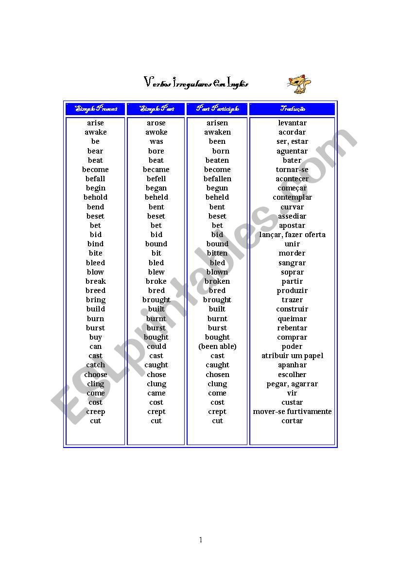 English Irregular Verbs worksheet