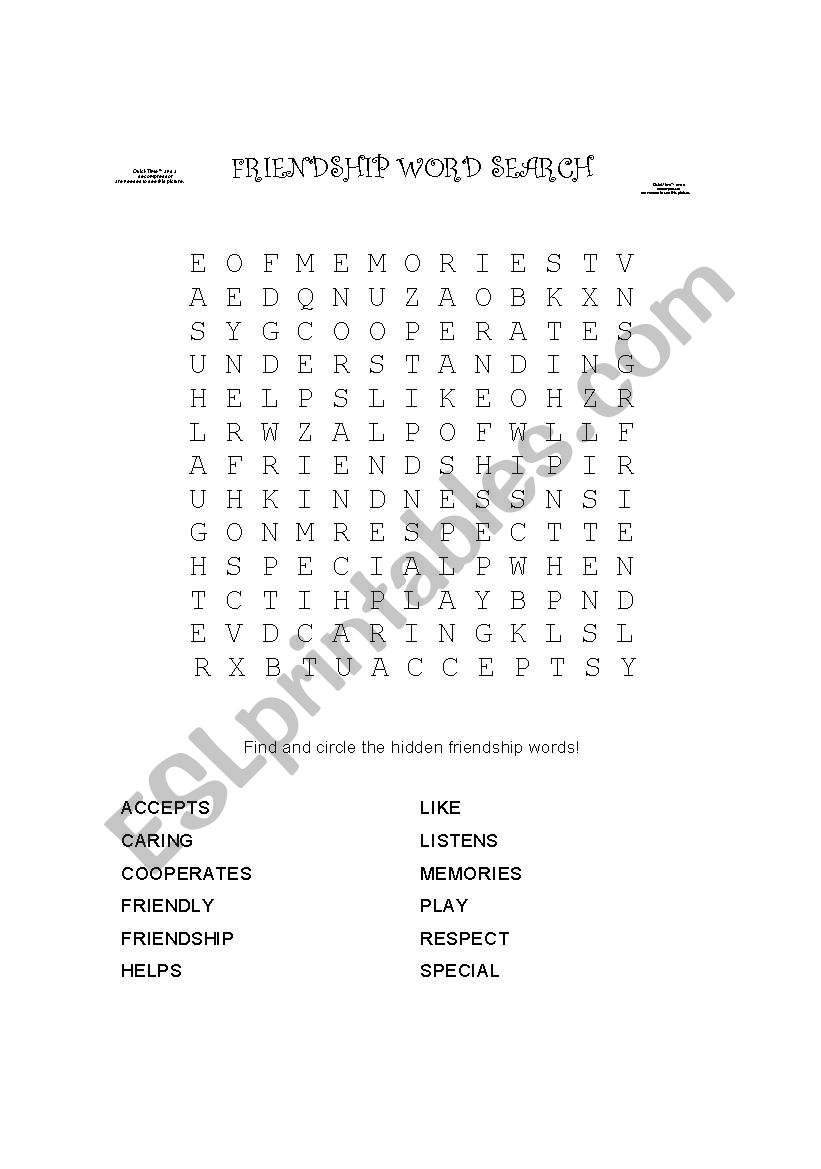 Friendship Word Search worksheet