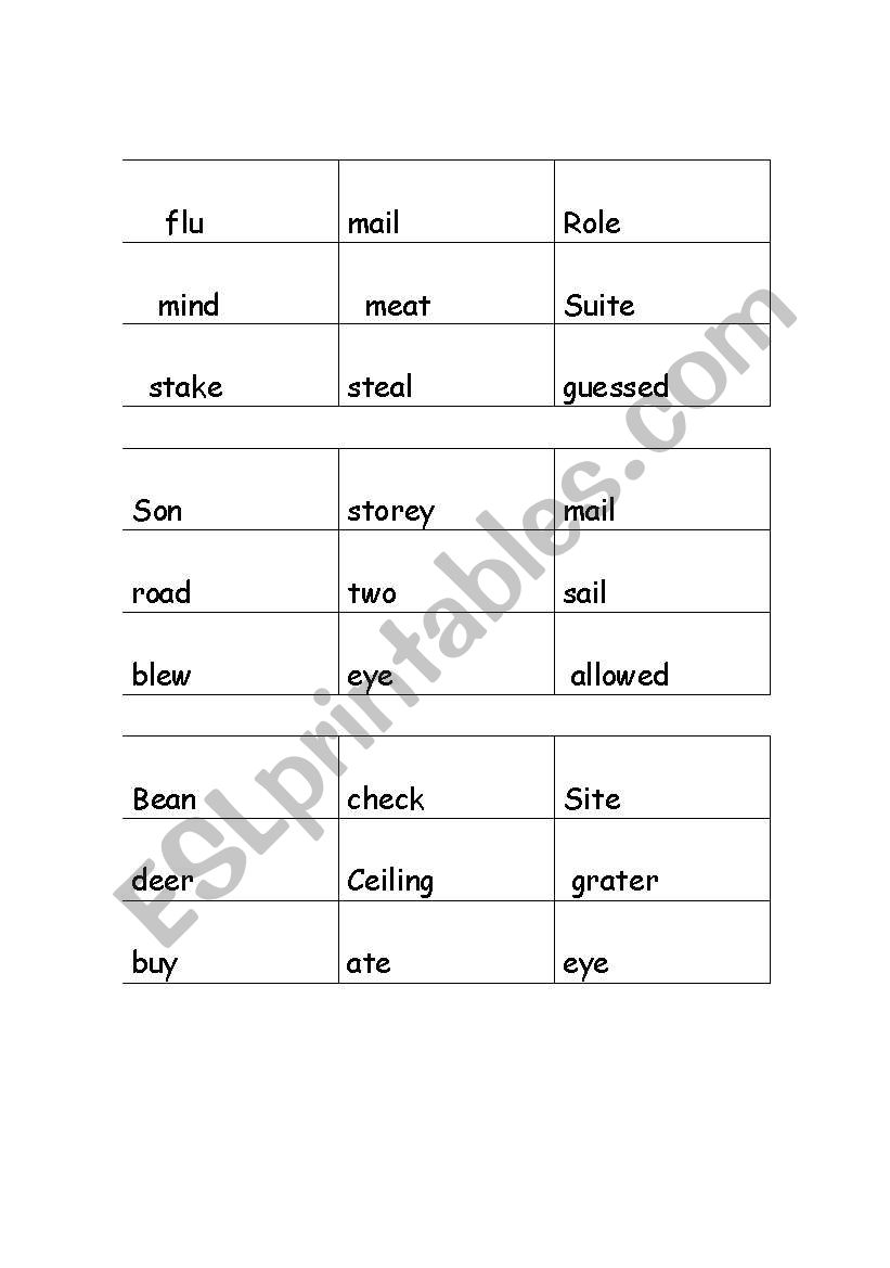 English Worksheets Homonym Bingo