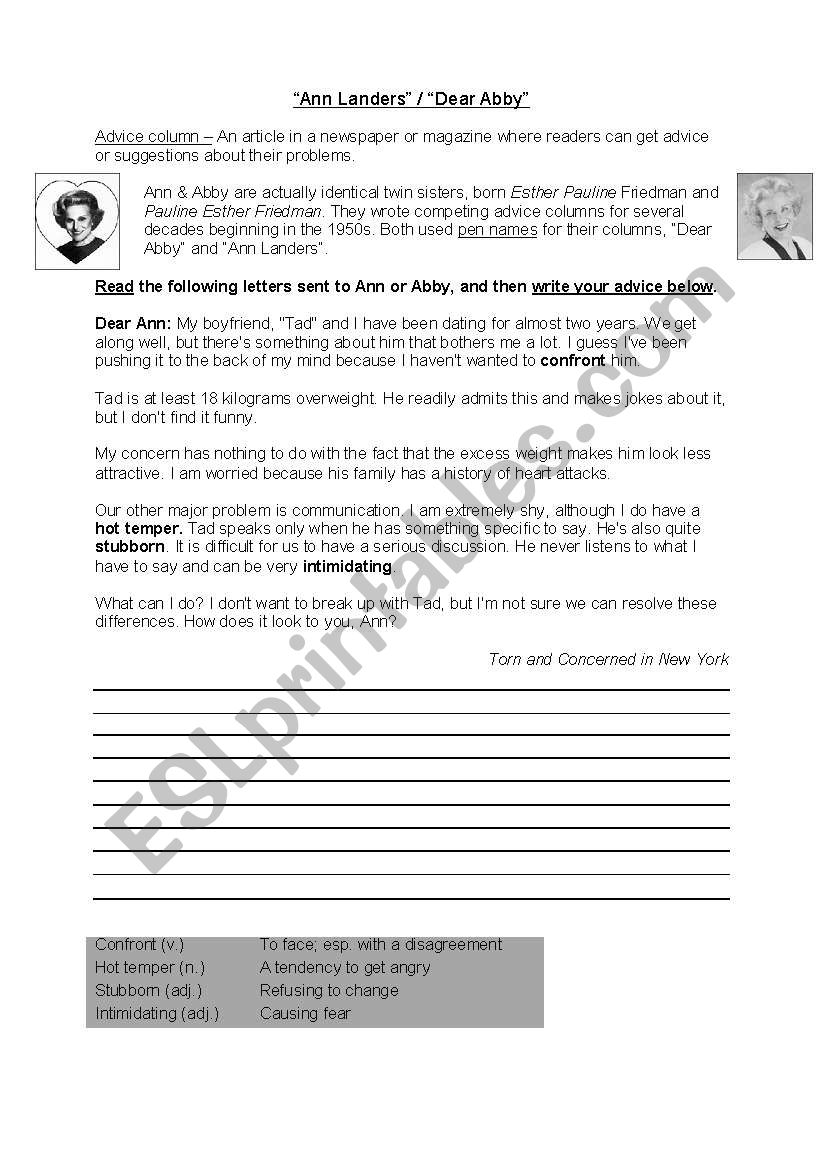 Advice Column: Dear Abby worksheet