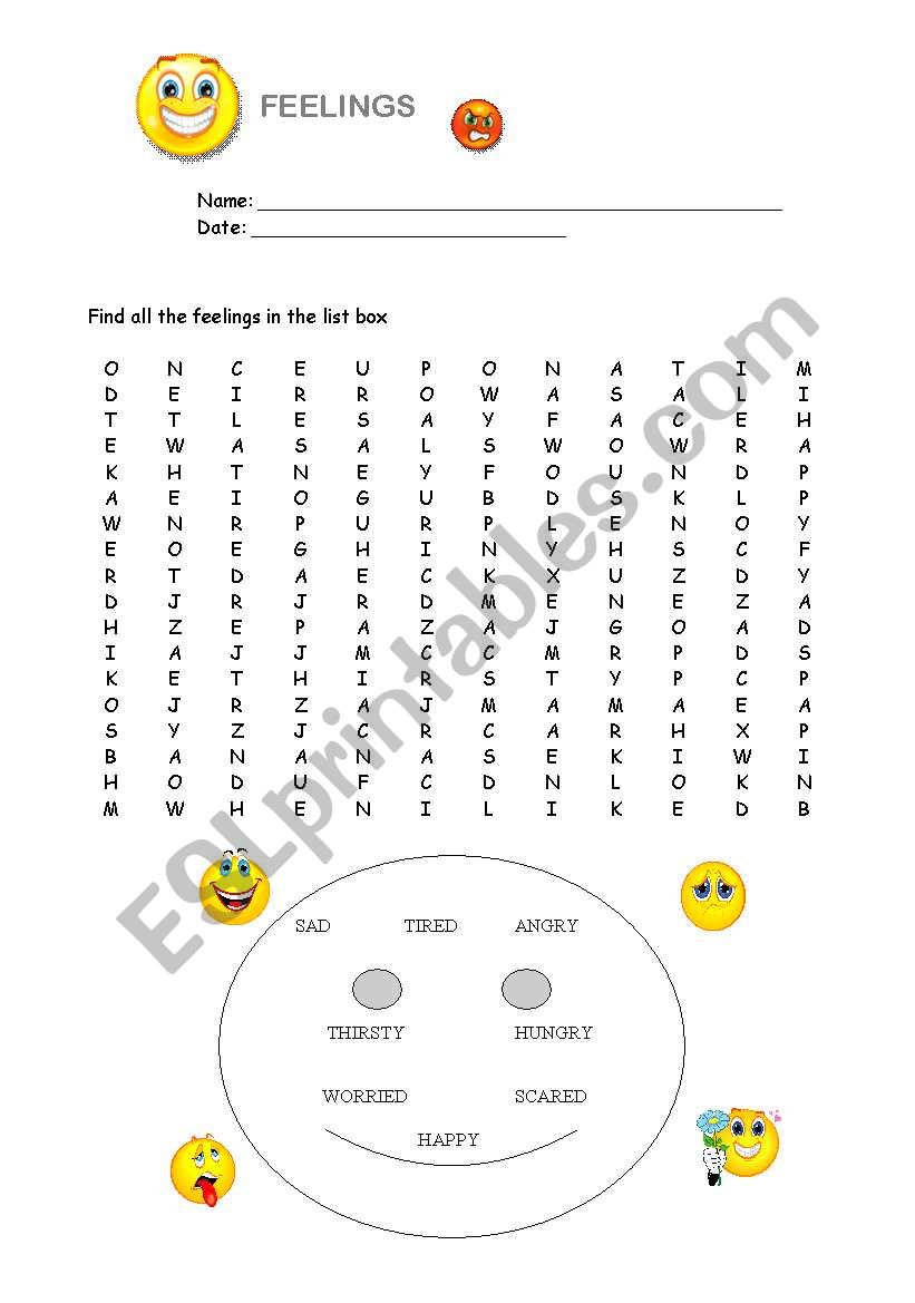 feelings word search worksheet