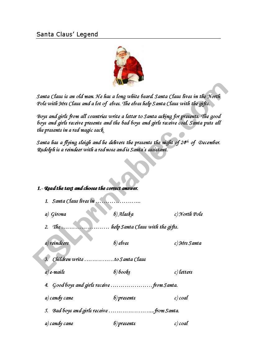 Santa Claus reading worksheet