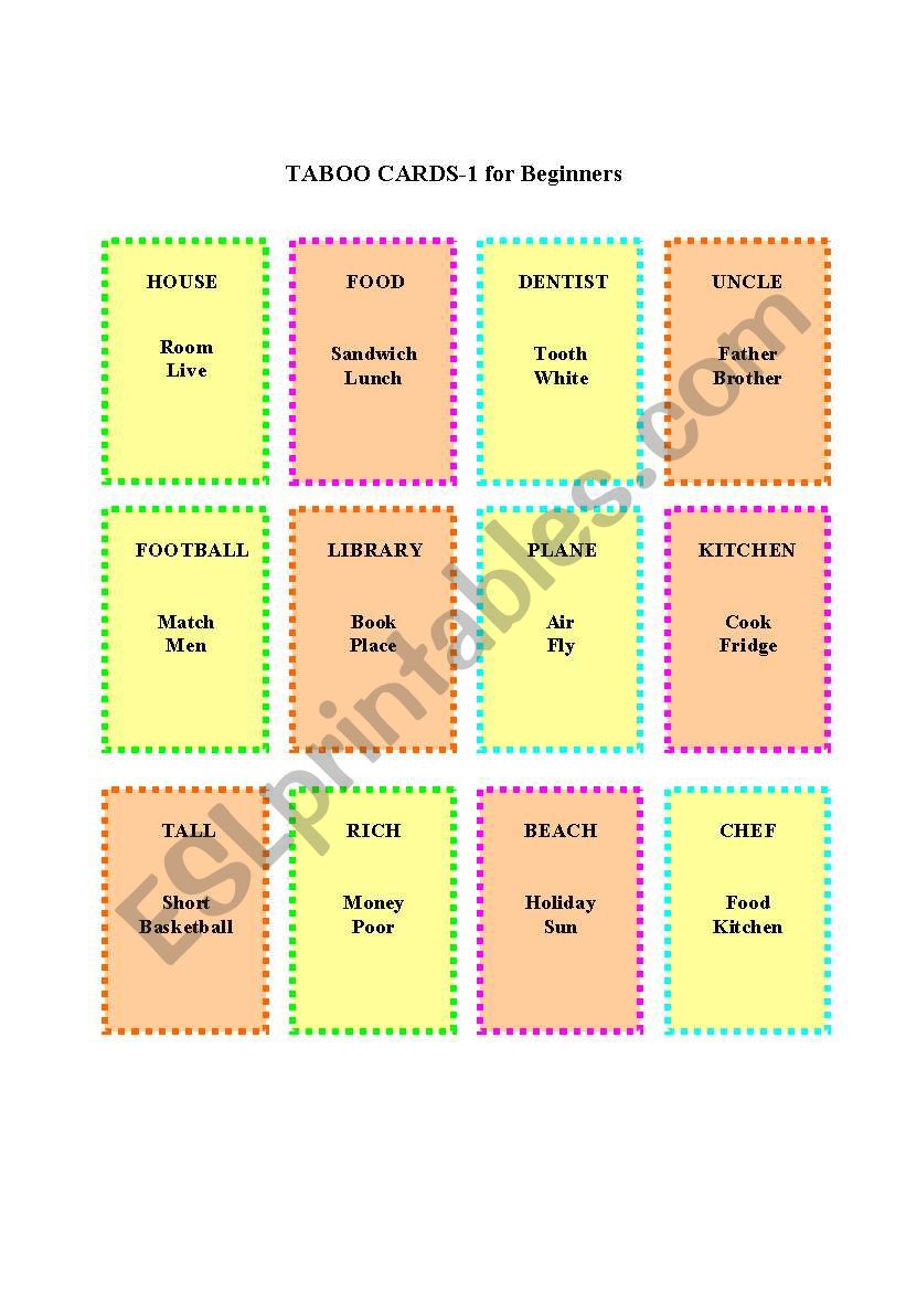 TABOO CARDS Set -1 worksheet