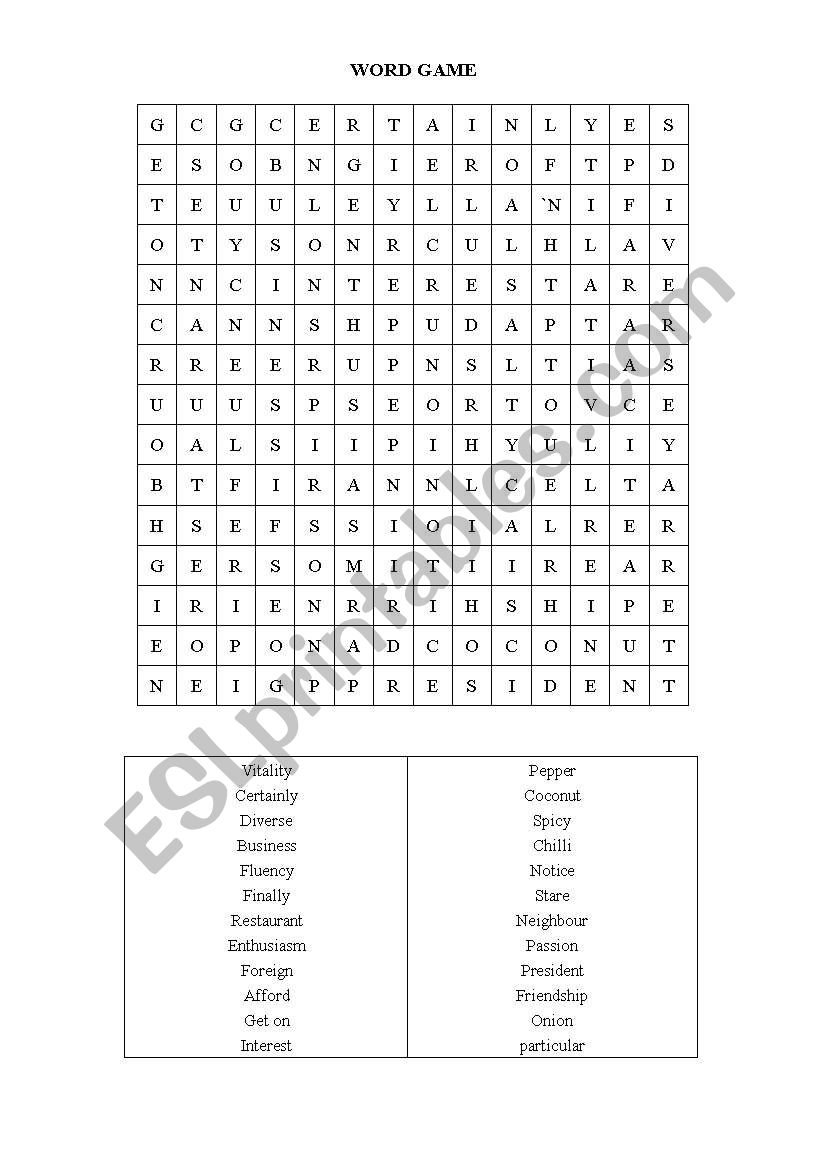 WORD GAME - Place and Things worksheet