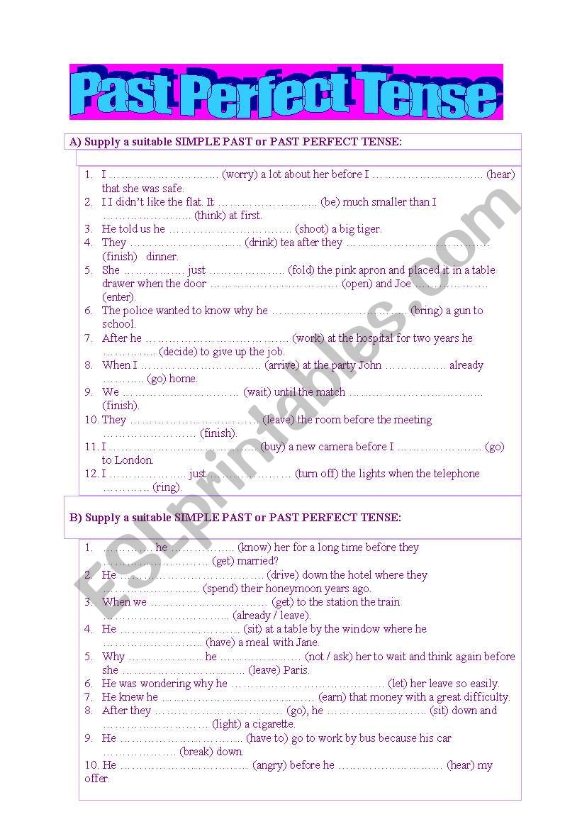 past perfect tense worksheet