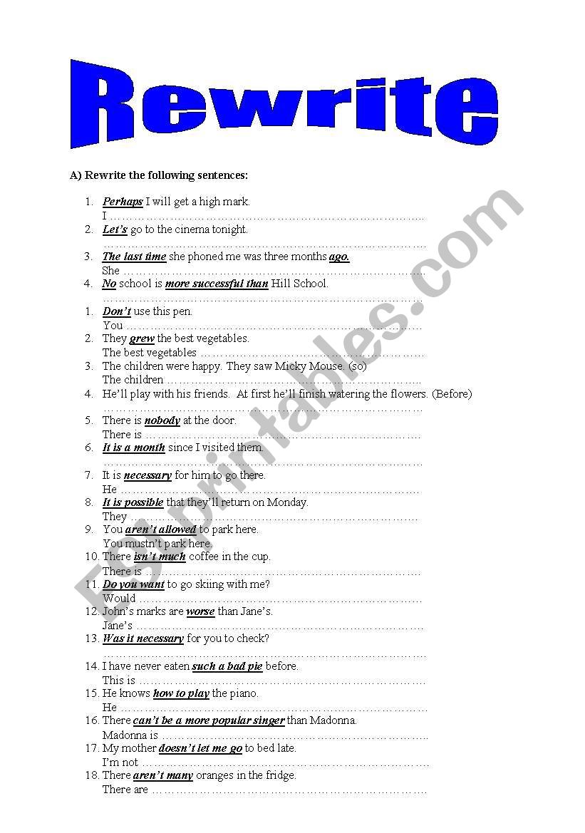 Rewrite the sentences worksheet