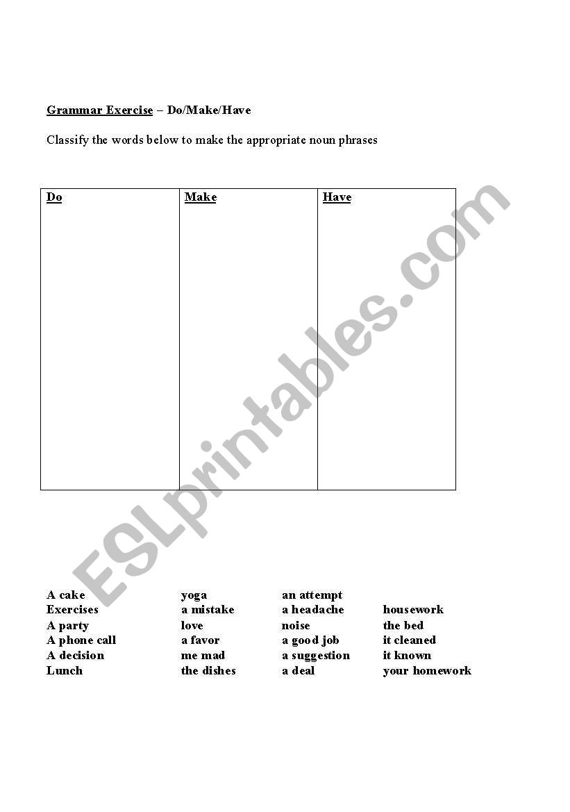 Do - Make - Have worksheet