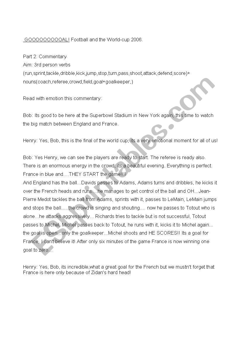 GOAAAAAL! Football commentary worksheet
