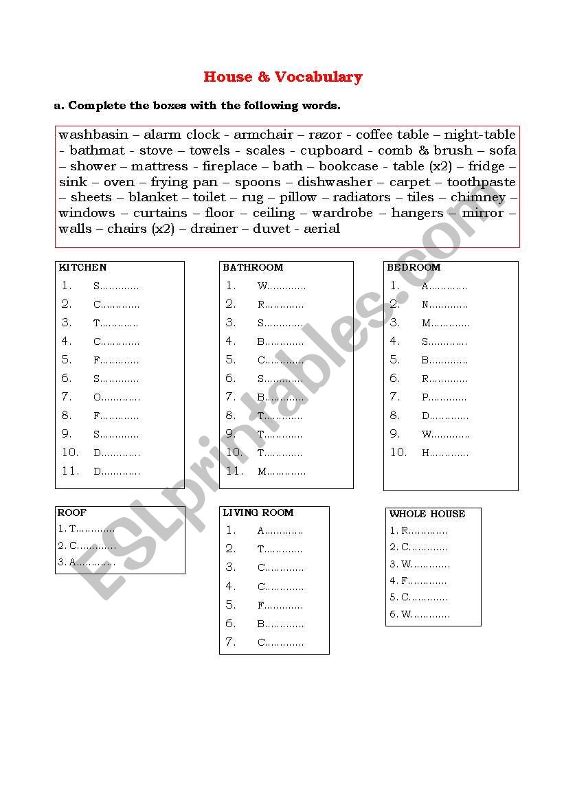 House Vocabulary Worksheet worksheet