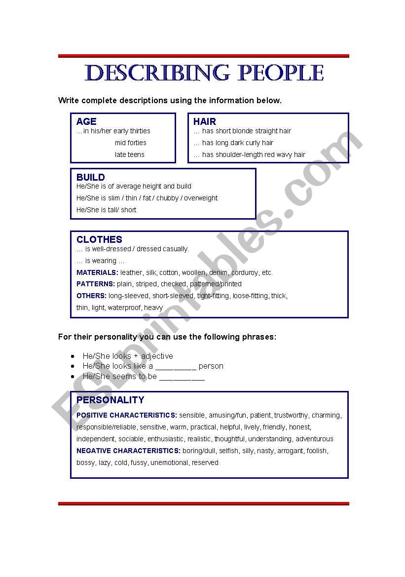 Describing People worksheet