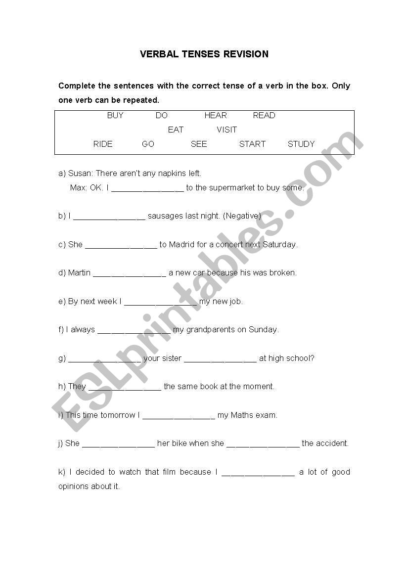 verbal tenses revision worksheet