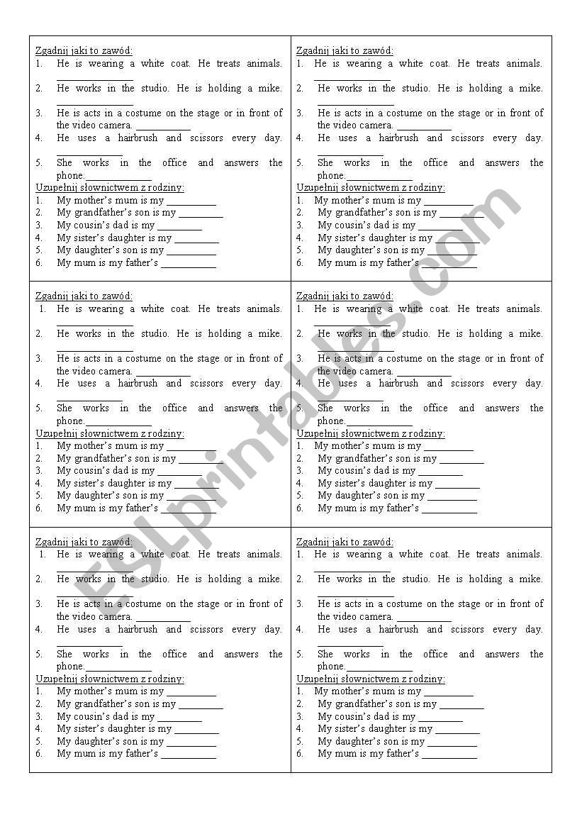 short quiz jobs family worksheet