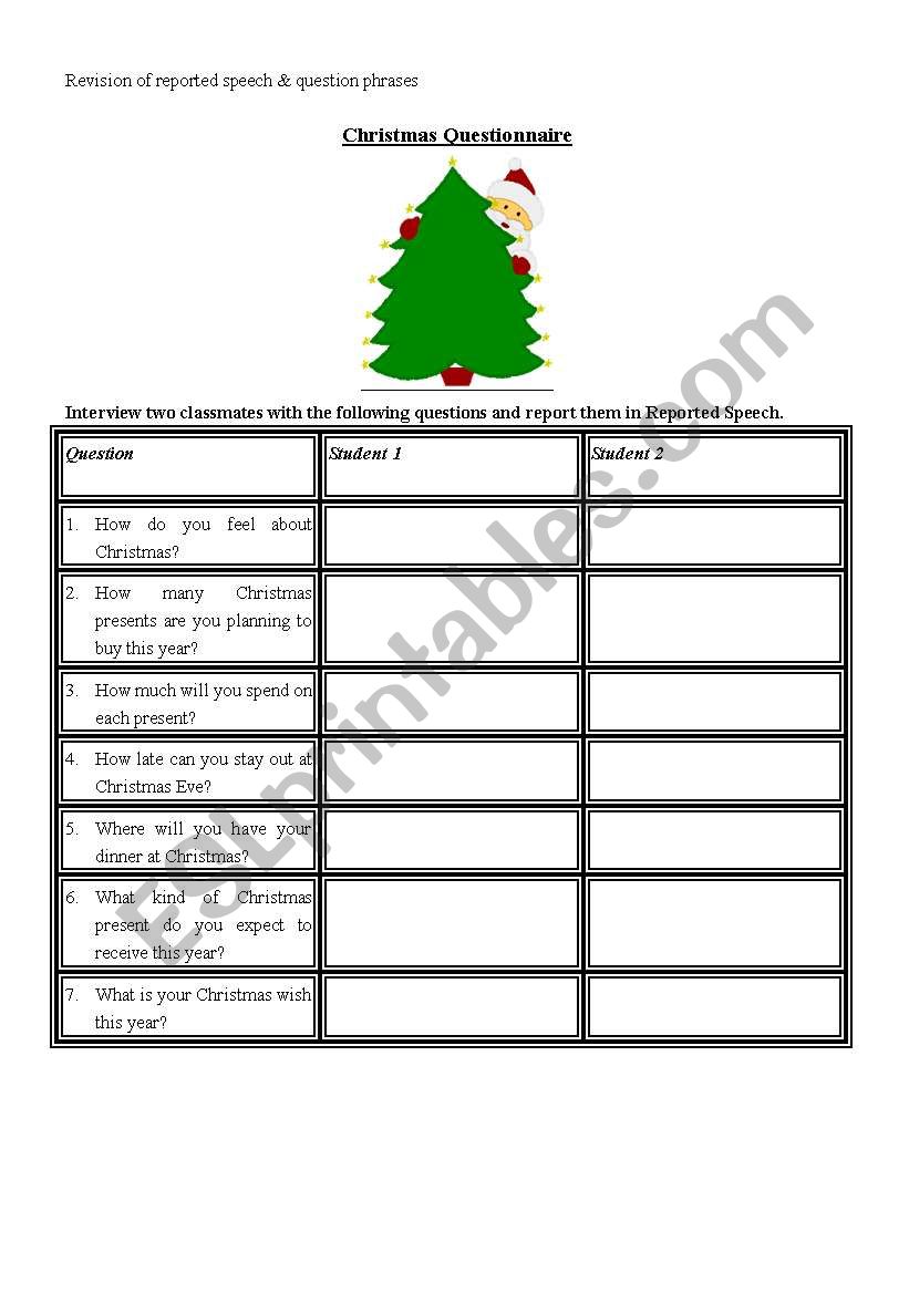 Christmas Questionnaire worksheet