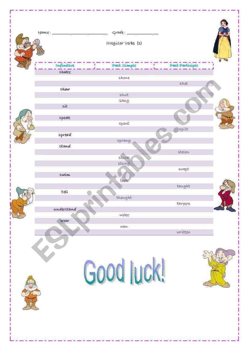 Irregular Verbs Quiz 3 worksheet