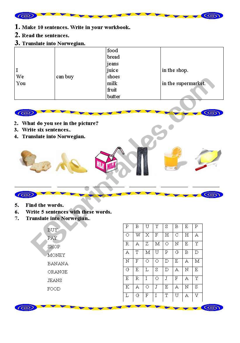 Shopping worksheet