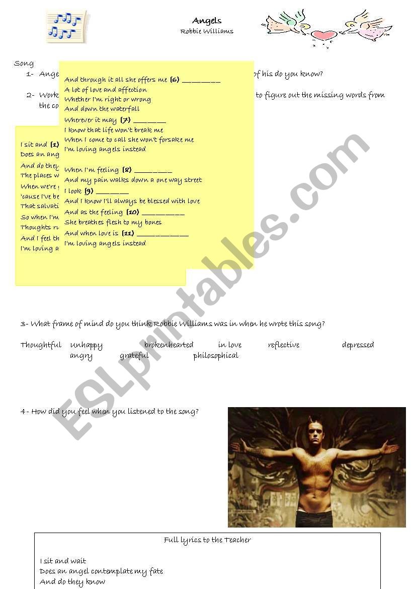 Angels - Robbie Williams  worksheet