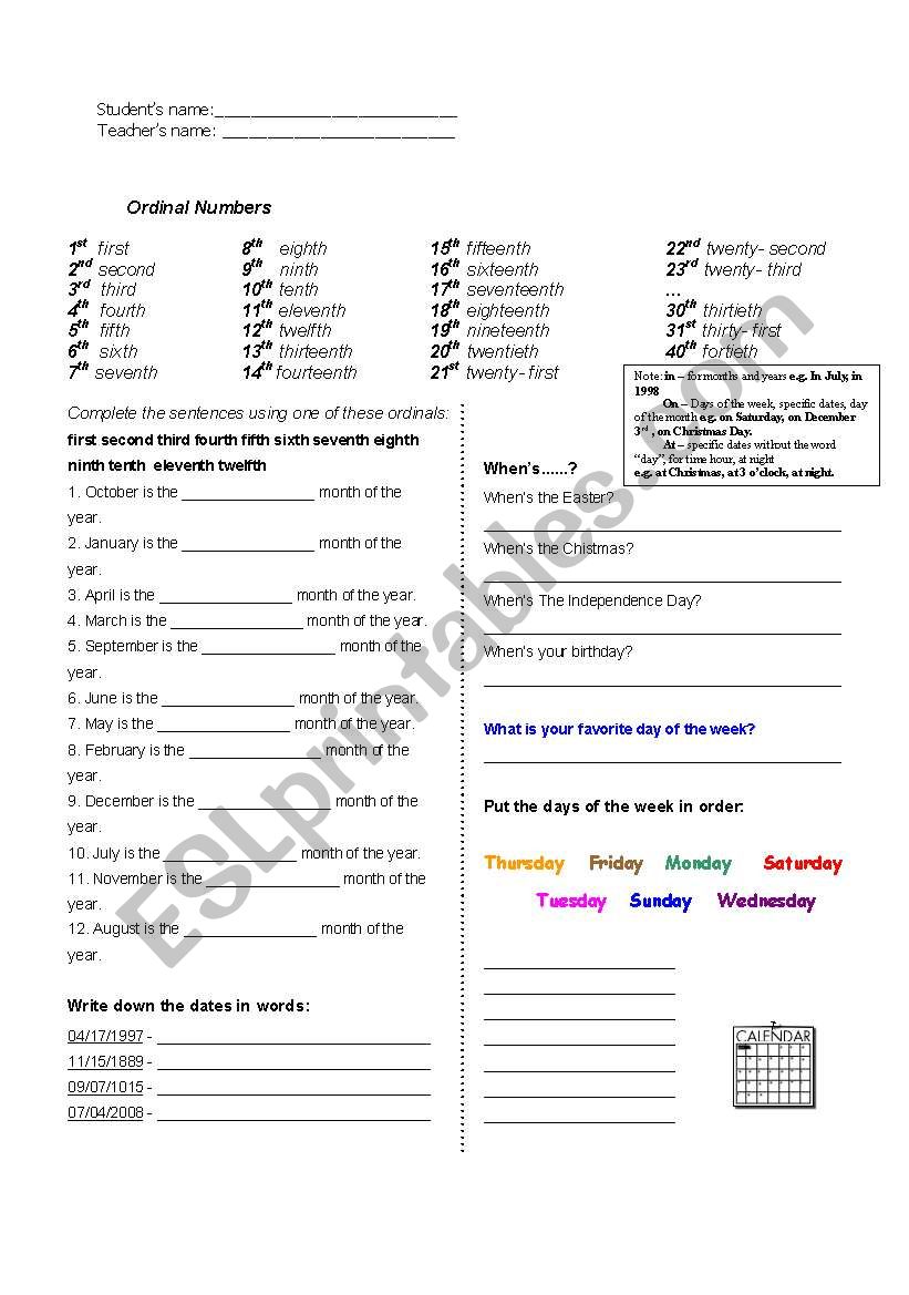 Dates worksheet