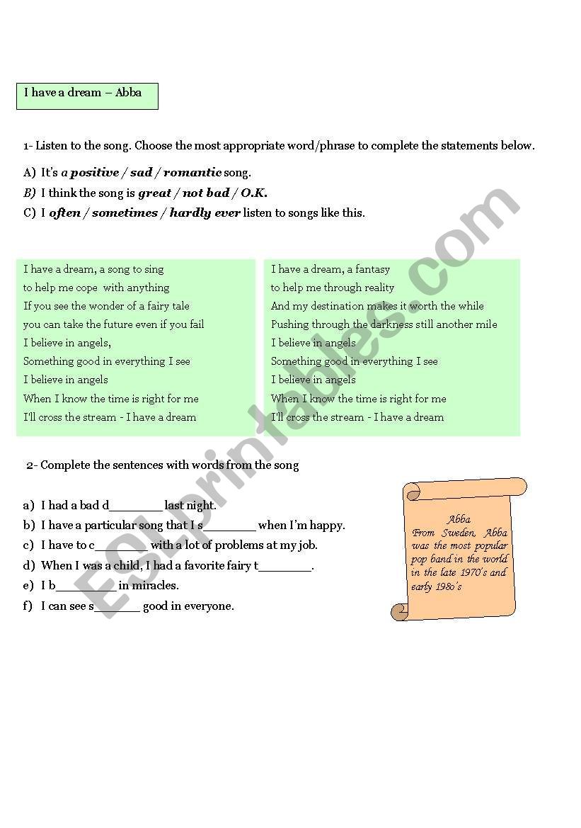 I have a Dream - Abba worksheet