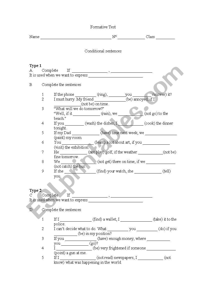 If clauses type 1,2 worksheet