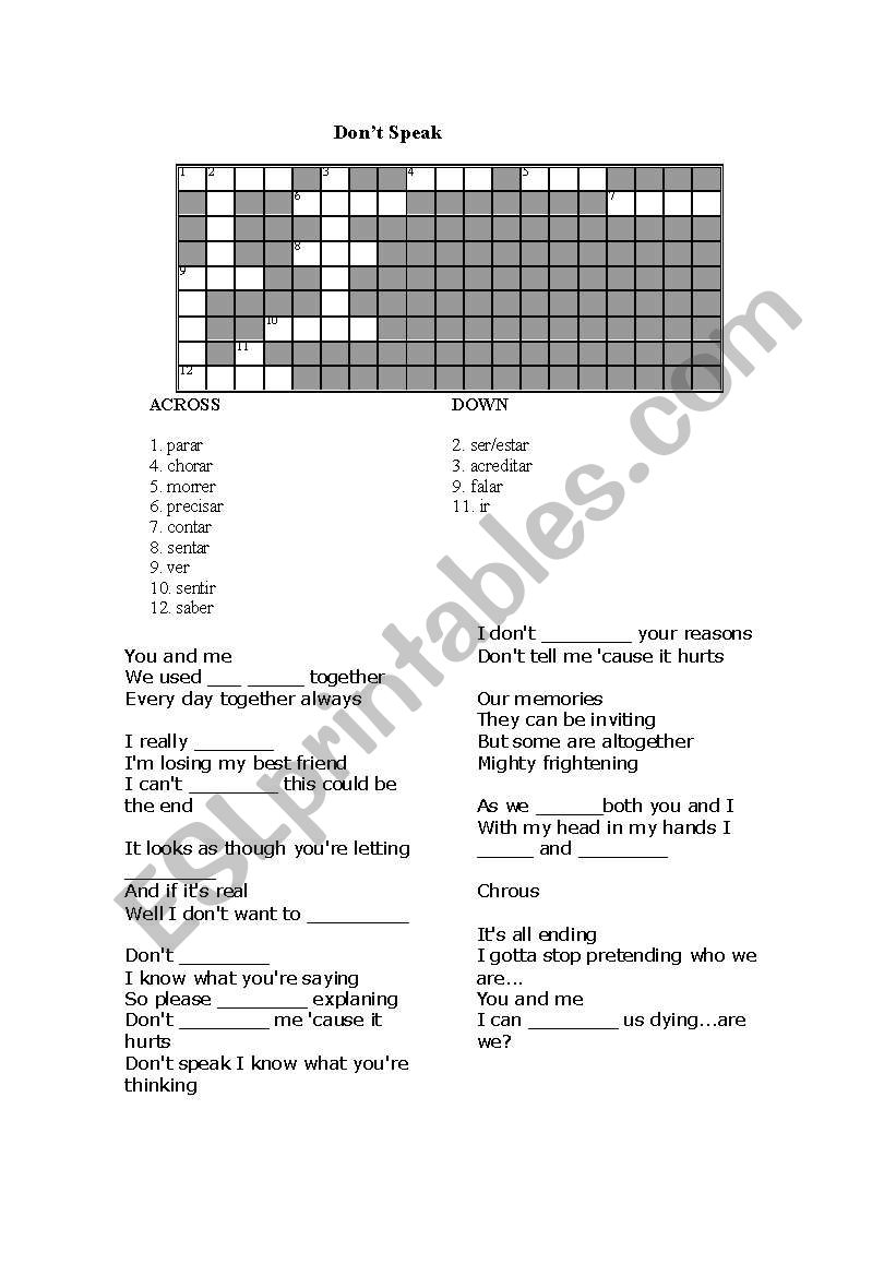 Dont Speak - No doubt worksheet