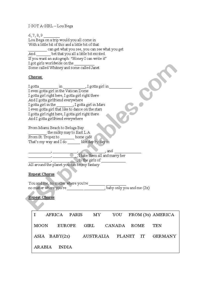 SONG: I GOT A GIRL - LOU BEGA worksheet