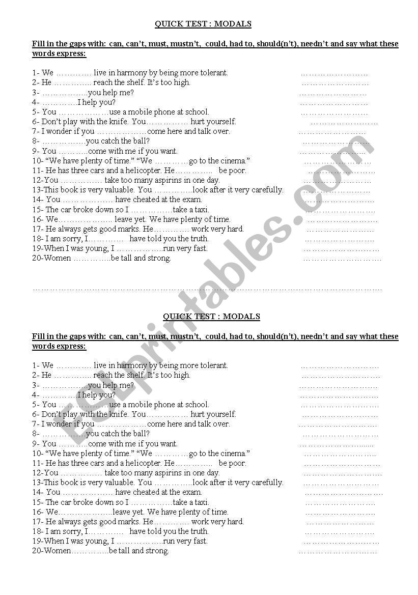 Test -Modals worksheet