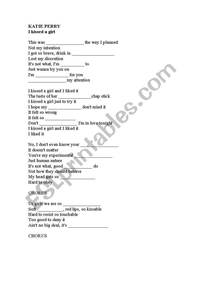 Katie Perry I kissed a girl worksheet