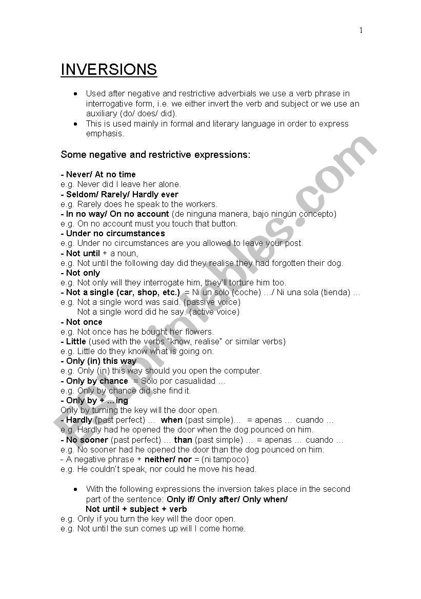 Emphatic Inversions worksheet