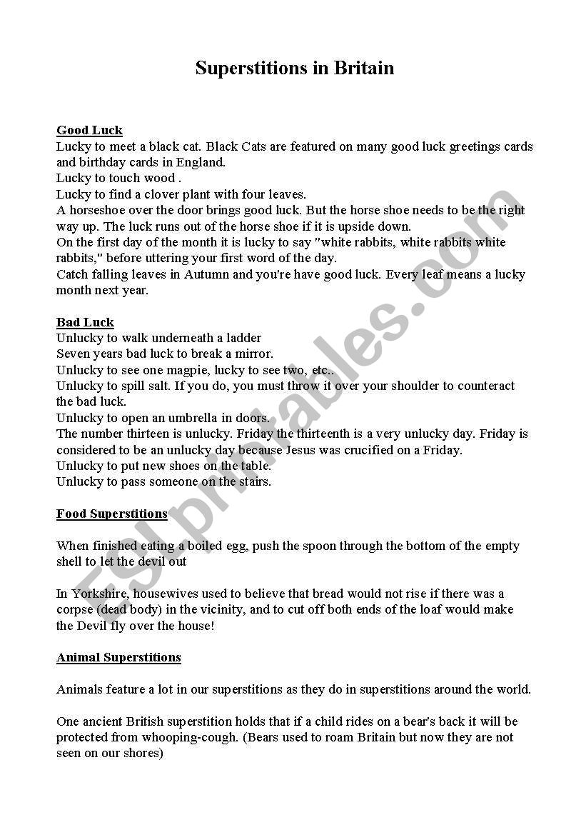 Superstitions in Britain worksheet