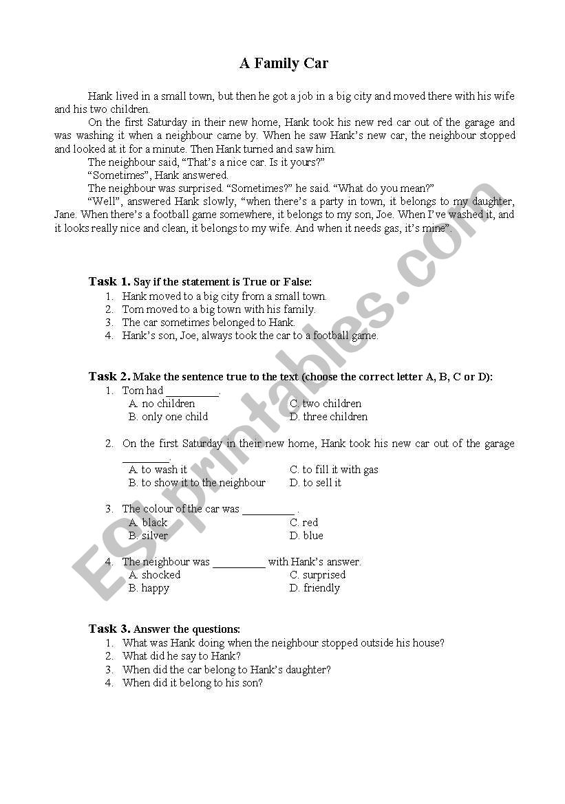 A Family Car worksheet