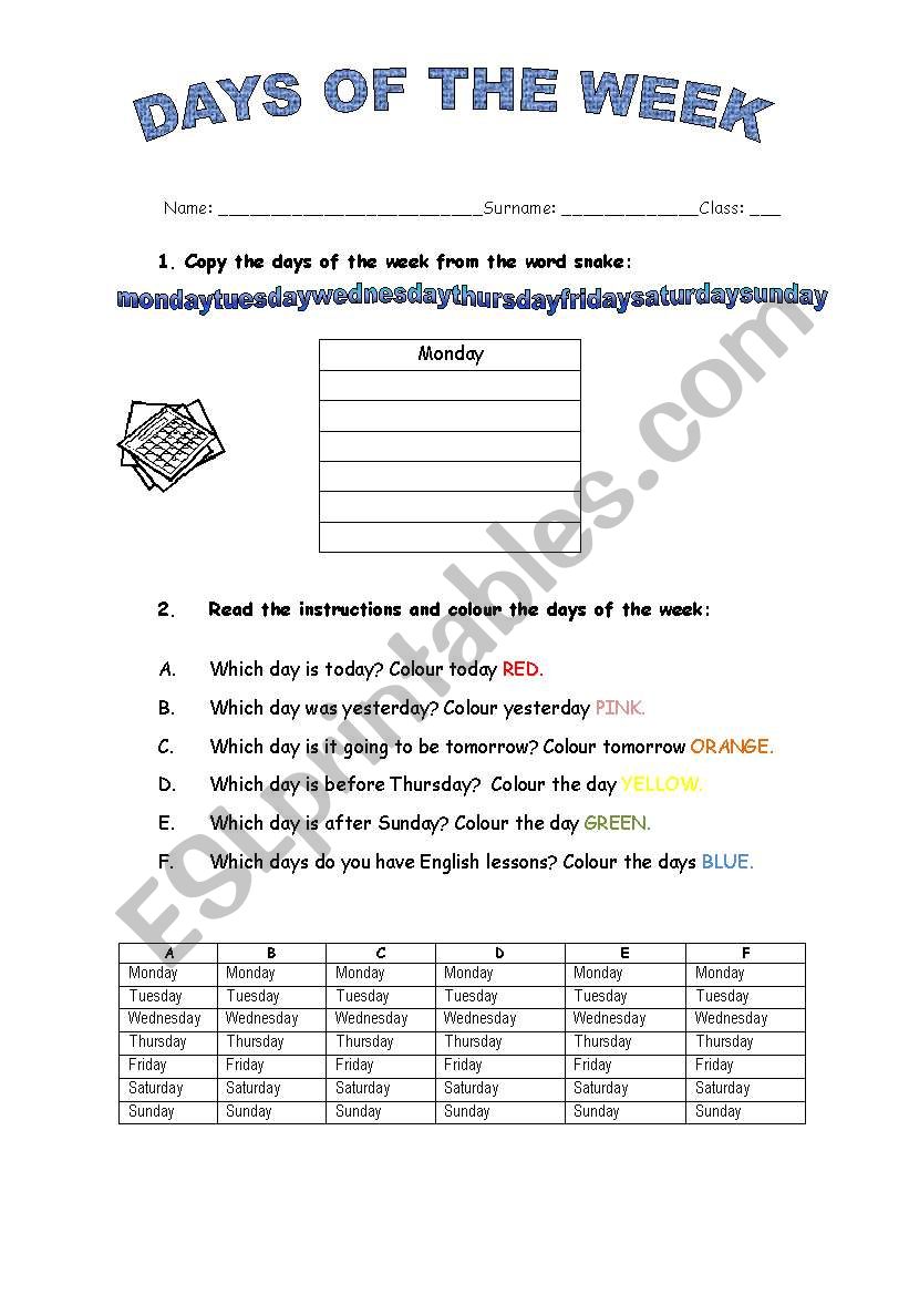 Days of the week worksheet