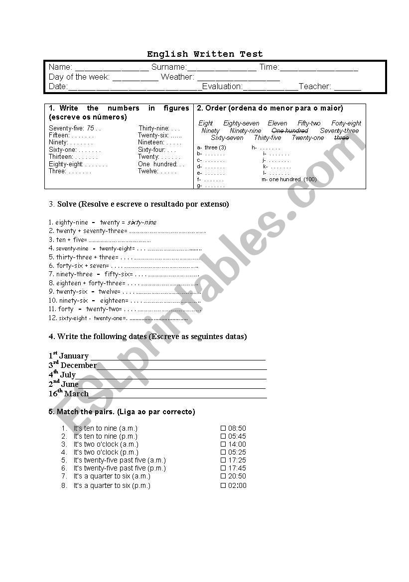 english test  worksheet